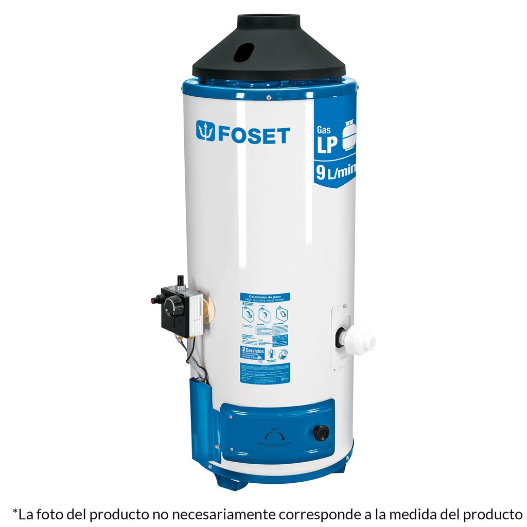 Calentador de paso, rapida recup, 9L, 2 serv, gas nat, Foset