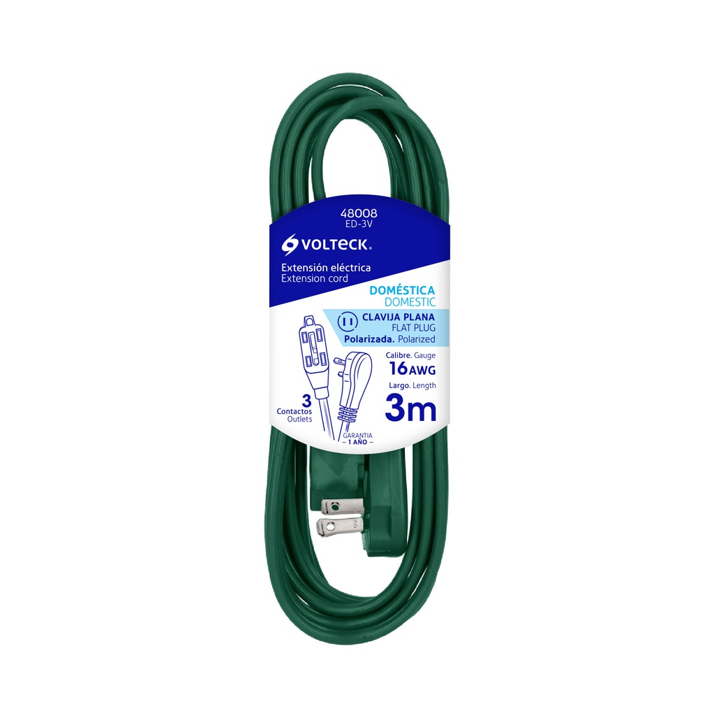 Extension electrica domestica 3 m verde con clavija plana