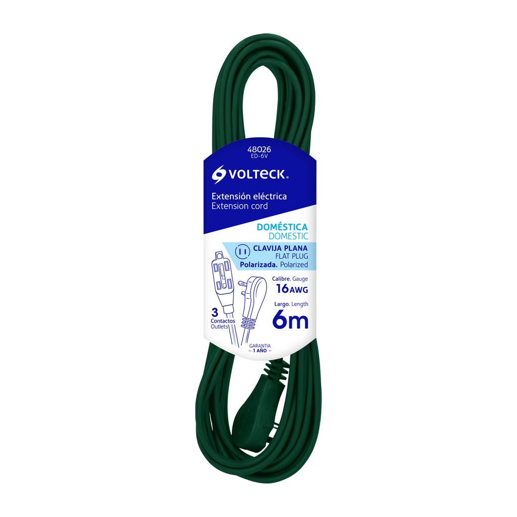 Extension electrica domestica 6 m verde con clavija plana