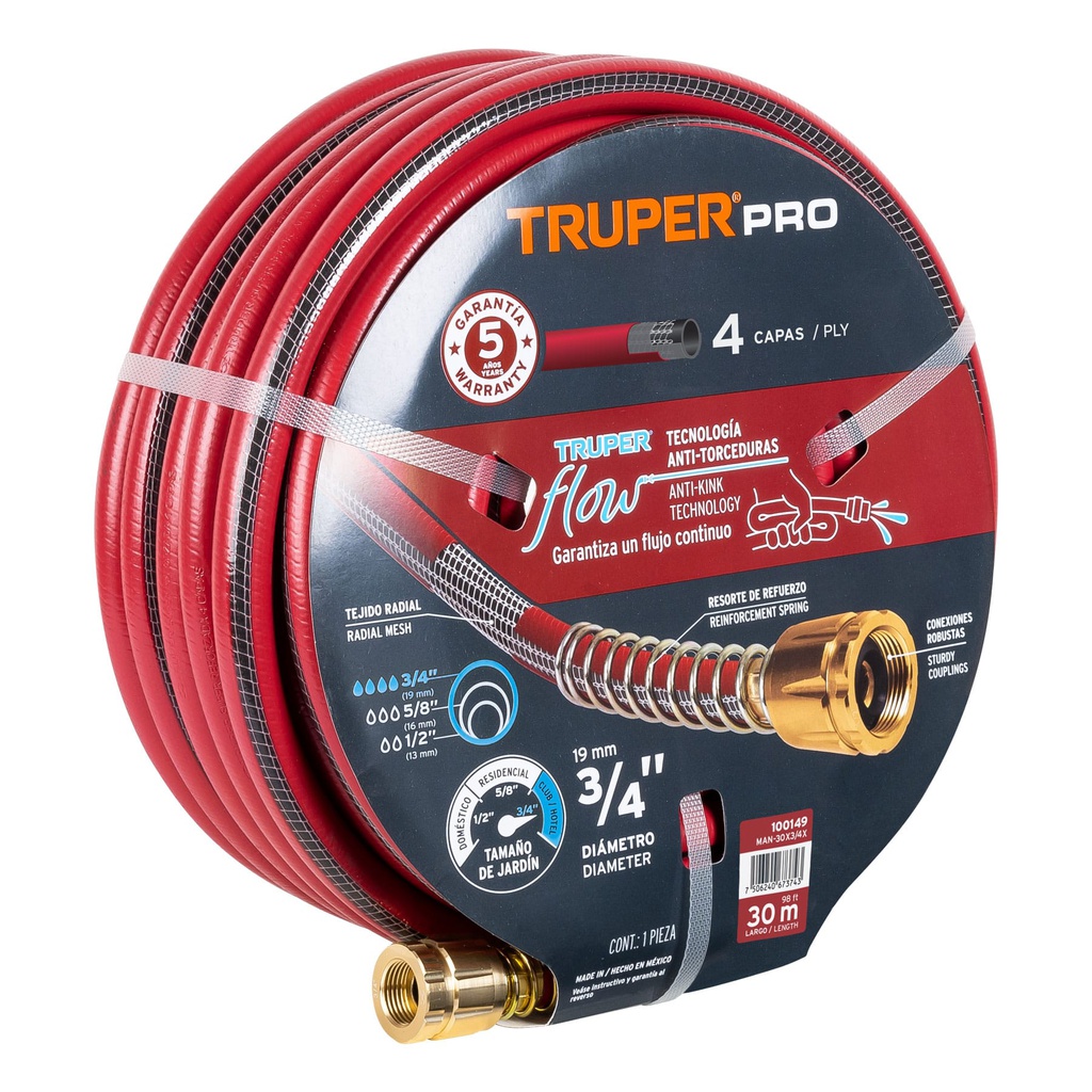 Manguera 3/4' super reforzada 4 capas conexiones metal 30m
