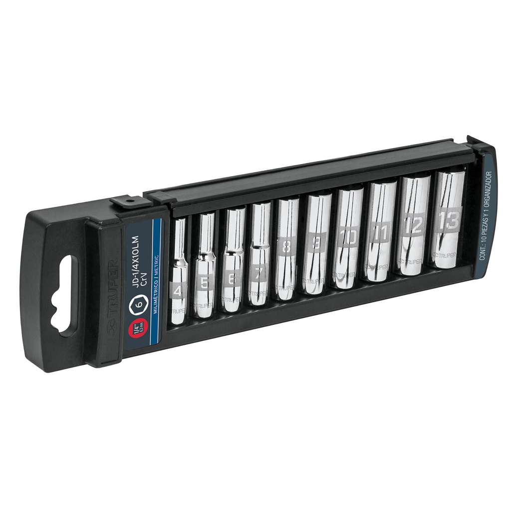 Juego de 10 dados largos cuadro 1/4' mm, Truper