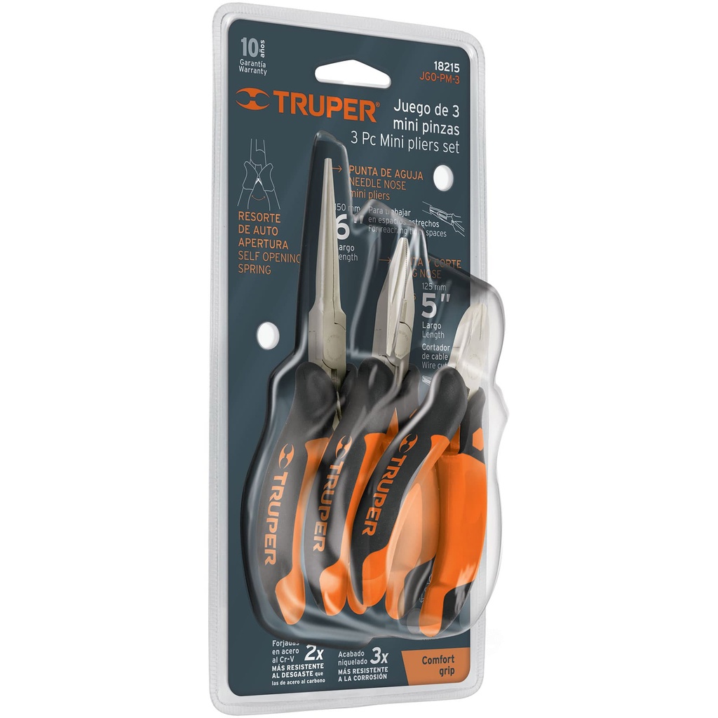 Juego de 3 mini pinzas mango Comfort Grip, Truper