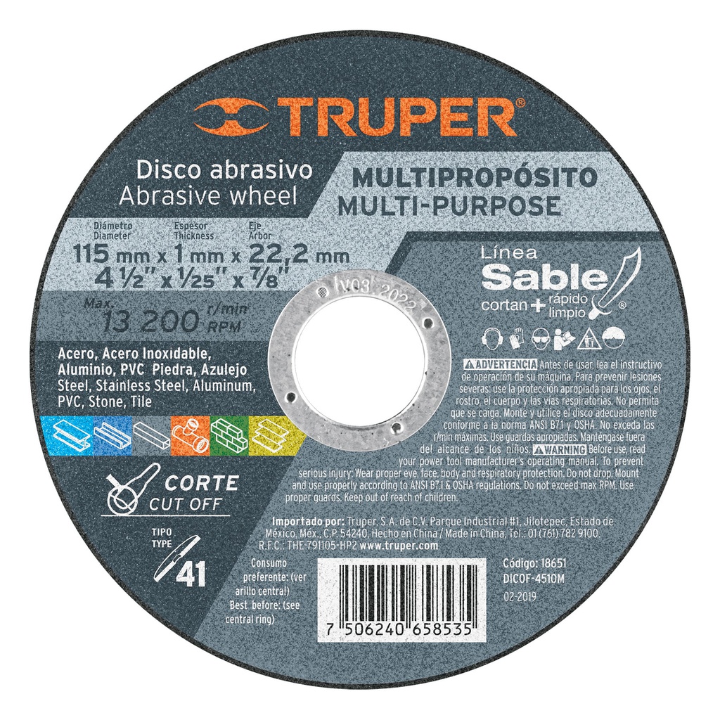 Disco Tipo 41 de 4-1/2' x 1 mm corte multimaterial, Sable