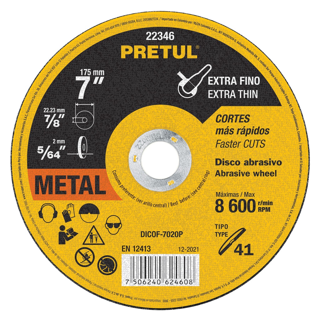 Disco Tipo 41 de 7' x 2 mm corte fino de metal, Pretul