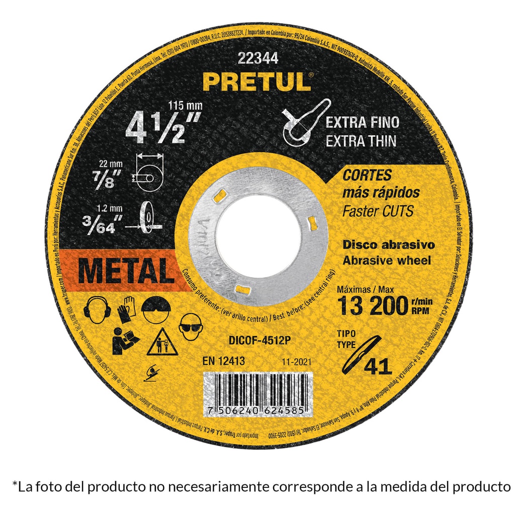 Disco Tipo 41 de 4-1/2' x 1 mm corte fino de metal, Pretul