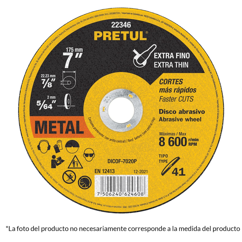 Disco Tipo 41 de 7' x 1.5 mm corte fino de metal, Pretul