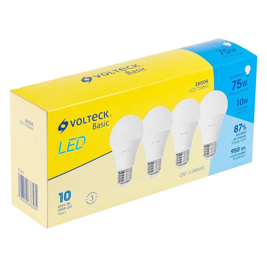 Pack de 4 lamparas LED A19 10 W (equiv. 75 W), luz de dia