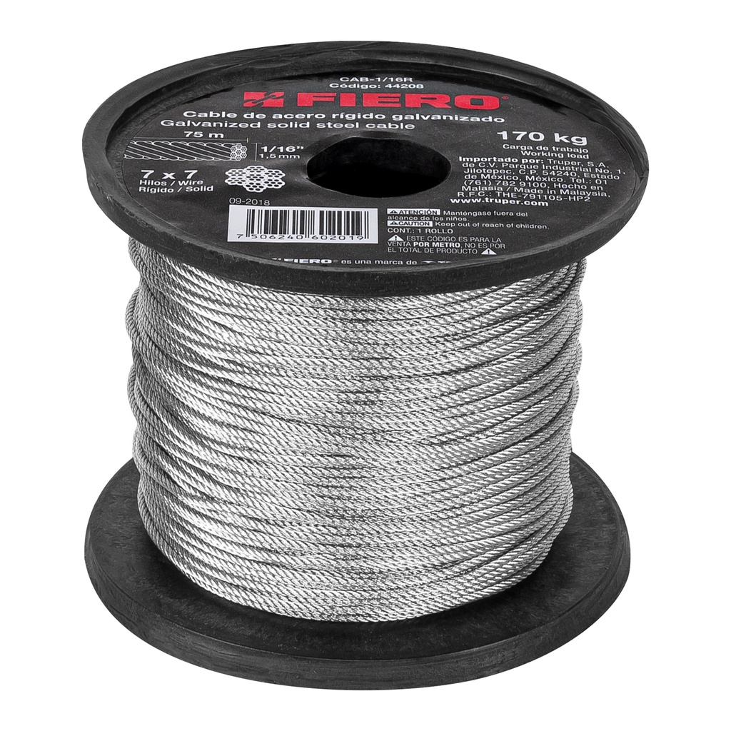 Metro de cable rigido 1/16' de acero 7x7 hilos, 75 m, Fiero