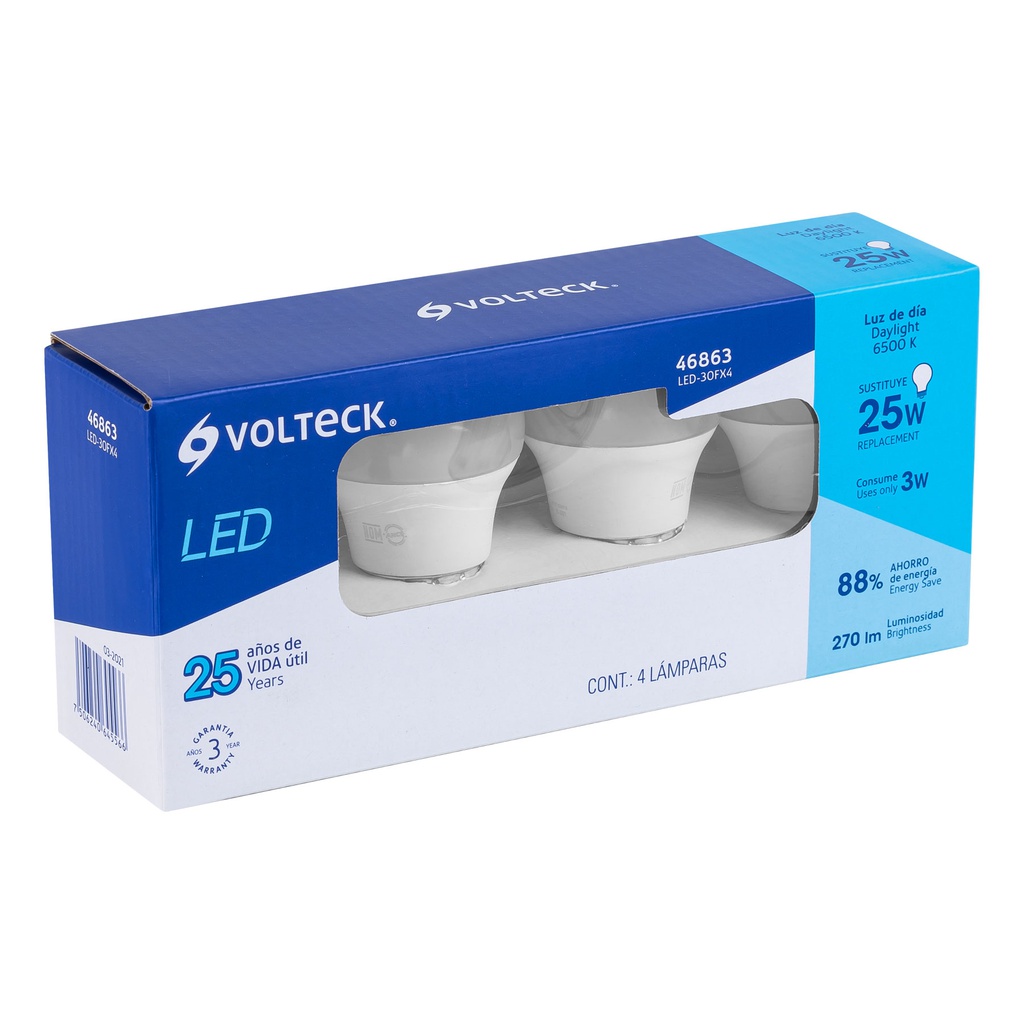 Pack de 4 lamparas LED G45 3 W (equiv. 25 W), luz de dia