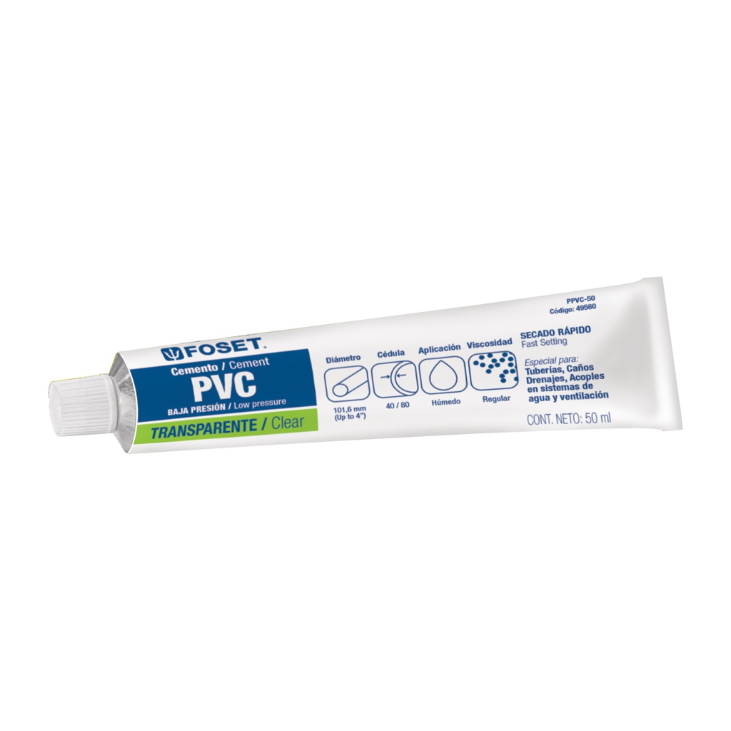 Cemento para PVC en tubo de 50 ml, baja presion, Foset