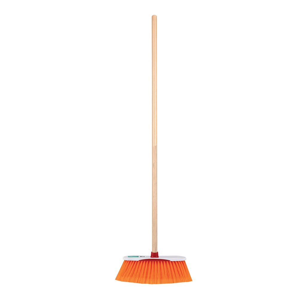 Escoba estandar cerdas de PET extra suaves, baston de madera