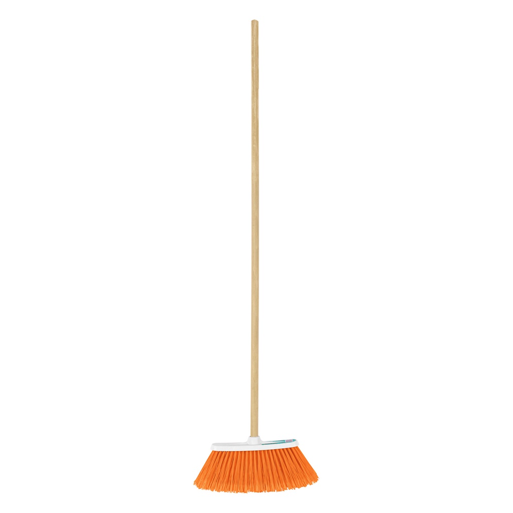 Escoba chica tipo cepillo, cerdas de PVC, baston de madera