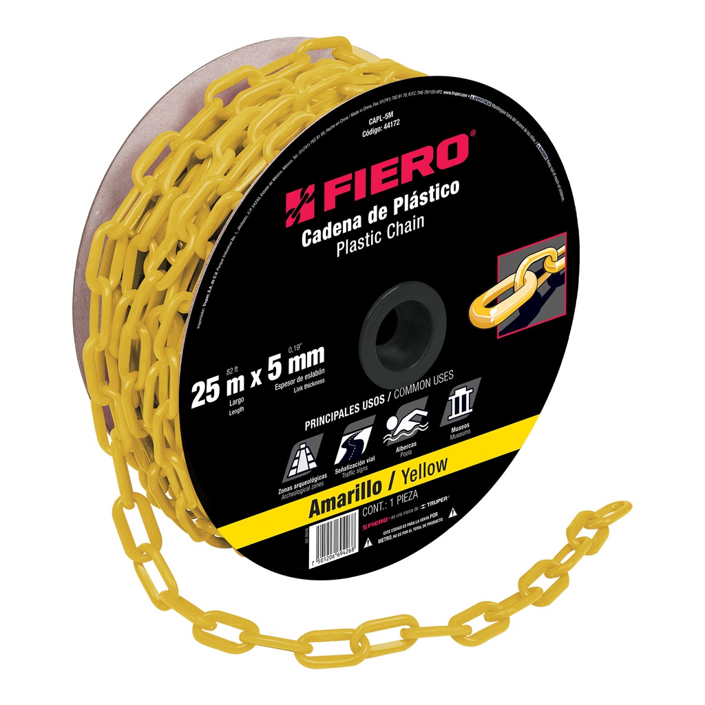 Metro de cadena de 5 mm de plastico amarilla, carrete de 25m