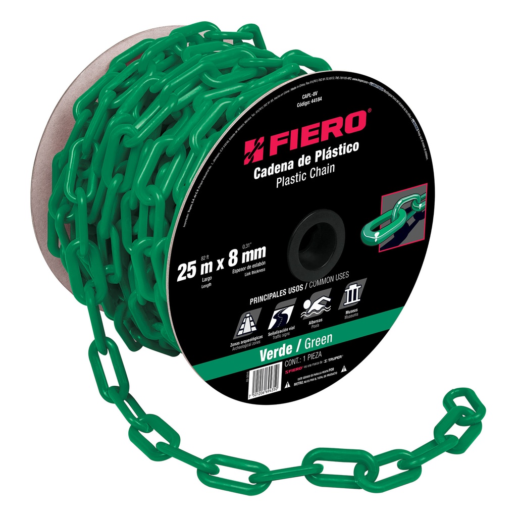 Metro de cadena de 8 mm de plastico verde, carrete de 25 m