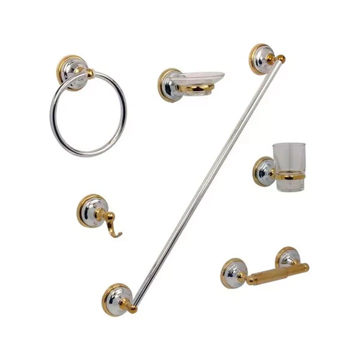 JUEGO ACCESORIOS P/BA�O ORO-CROMO ( RUMANIA )