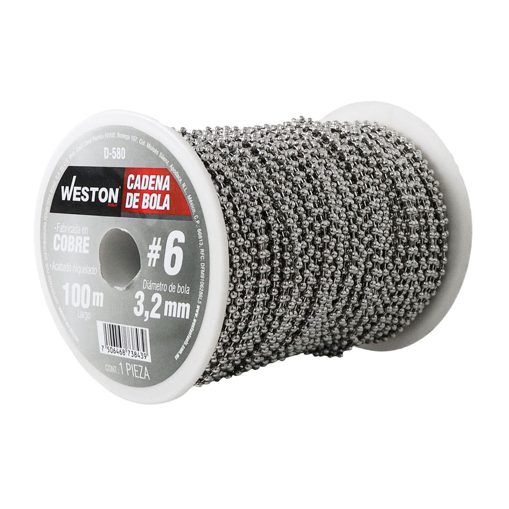 CADENA DE BOLA COBRE NIQUELADA #6 3.2MM ROLLO 100M