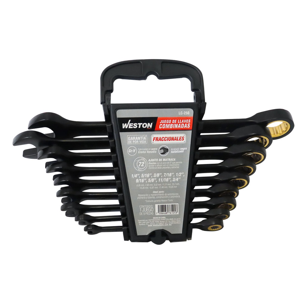 JUEGO DE LLAVES COMBINADAS CON MATRACA CrV FOSFATIZADA FRACCIONALES 9 PZS 1/4" - 3/4"