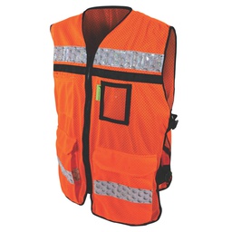 [ECO-2047ANCRPGD] CHALECO ECOFRIENDLY RESCATISTA JERSEY ANARANJADO C/REF PLASTICO GRIS DE 2&quot; TALLA GD
