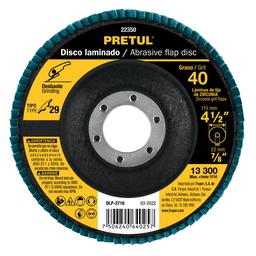 [22350] Disco 4-1/2' laminado grano 40 centro 7/8', Pretul