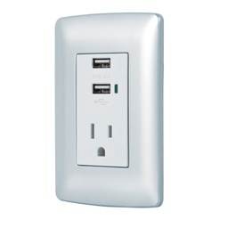 [49808] Contacto aterrizado + 2 puertos USB, plata, linea Italiana