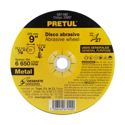 [29957] Disco Tipo 27 de 9' x 6.2 mm desbaste de metal, Pretul