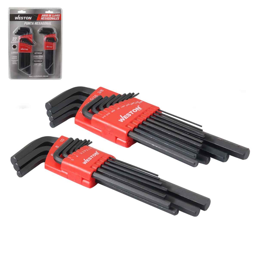 JUEGO DE 22 LLAVES HEX LARGAS  CRV 1.5 A 10MM / 0.05" A 3/8"