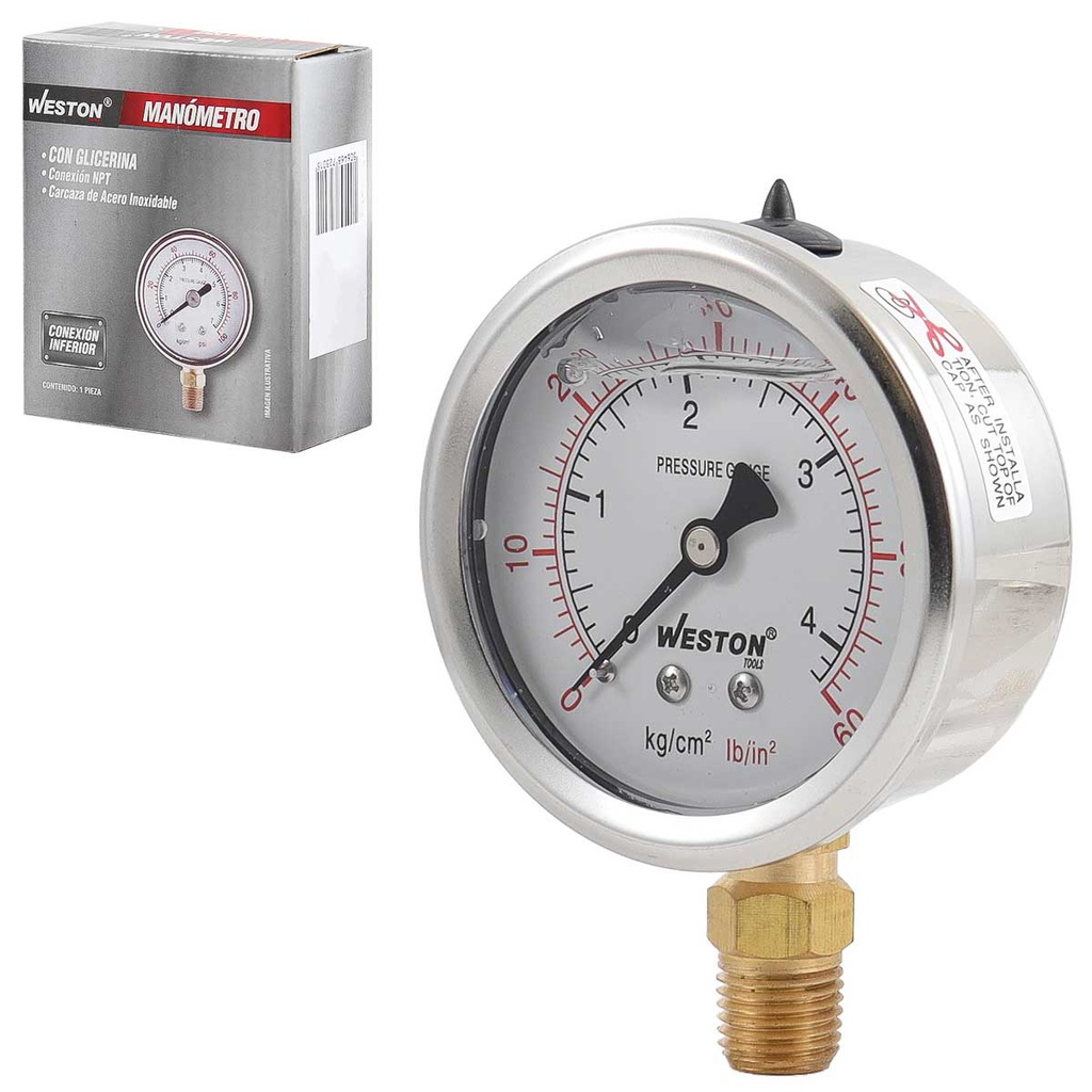 MANOMETRO GLICERINA 2 1/2" 1/4" NPT 350KG/5000LB