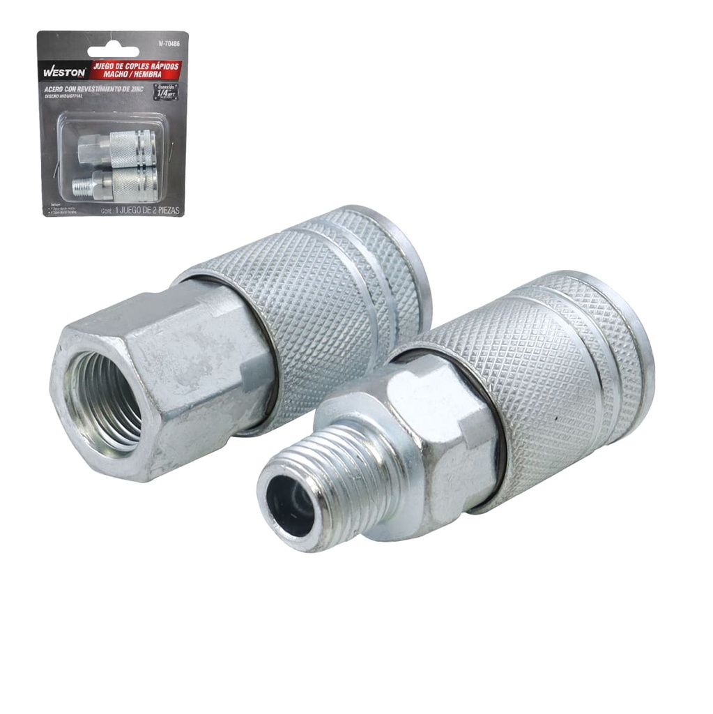 JUEGO DE COPLES RAPIDO MACHO/HEMBRA DE ACERO CROMADO 1/4&quot; NPT INDUSTRIAL