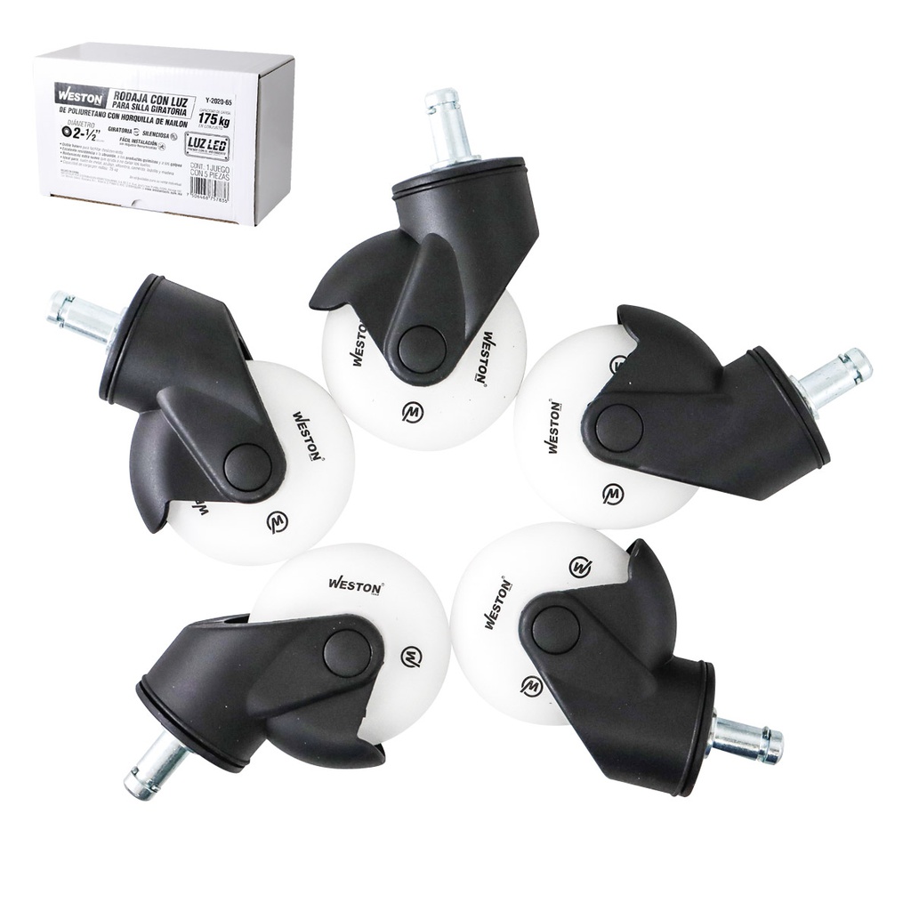 RODAJAS C/LUZ LED D/PU C/HORQ. D/NAILON P/SILLA GIRA. 2-1/2 X 1&quot; (Precio x Caja - Caja con 5 piezas)