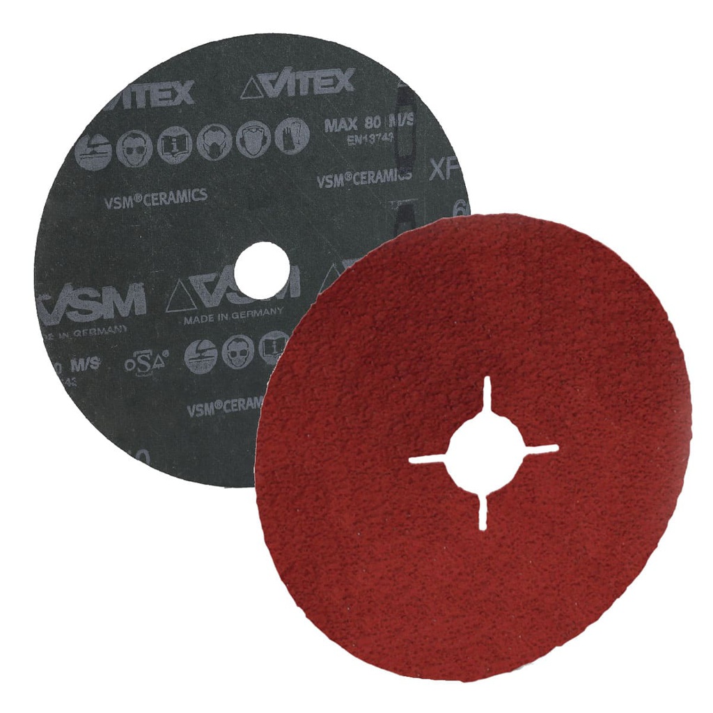 DISCO DE LIJA C24 BARRENO 4.5" X 7/8" CERAMICS PLUS INOX VSM XF885 4 RANURAS