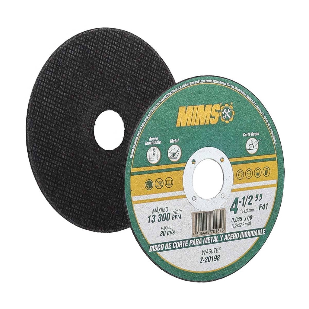 DISCO D/CORTE P/INOX. Y METAL 4-1/2" x 0.045"(1.4) x 7/8" F41 MIMS (Emp. c/10 Pzas)