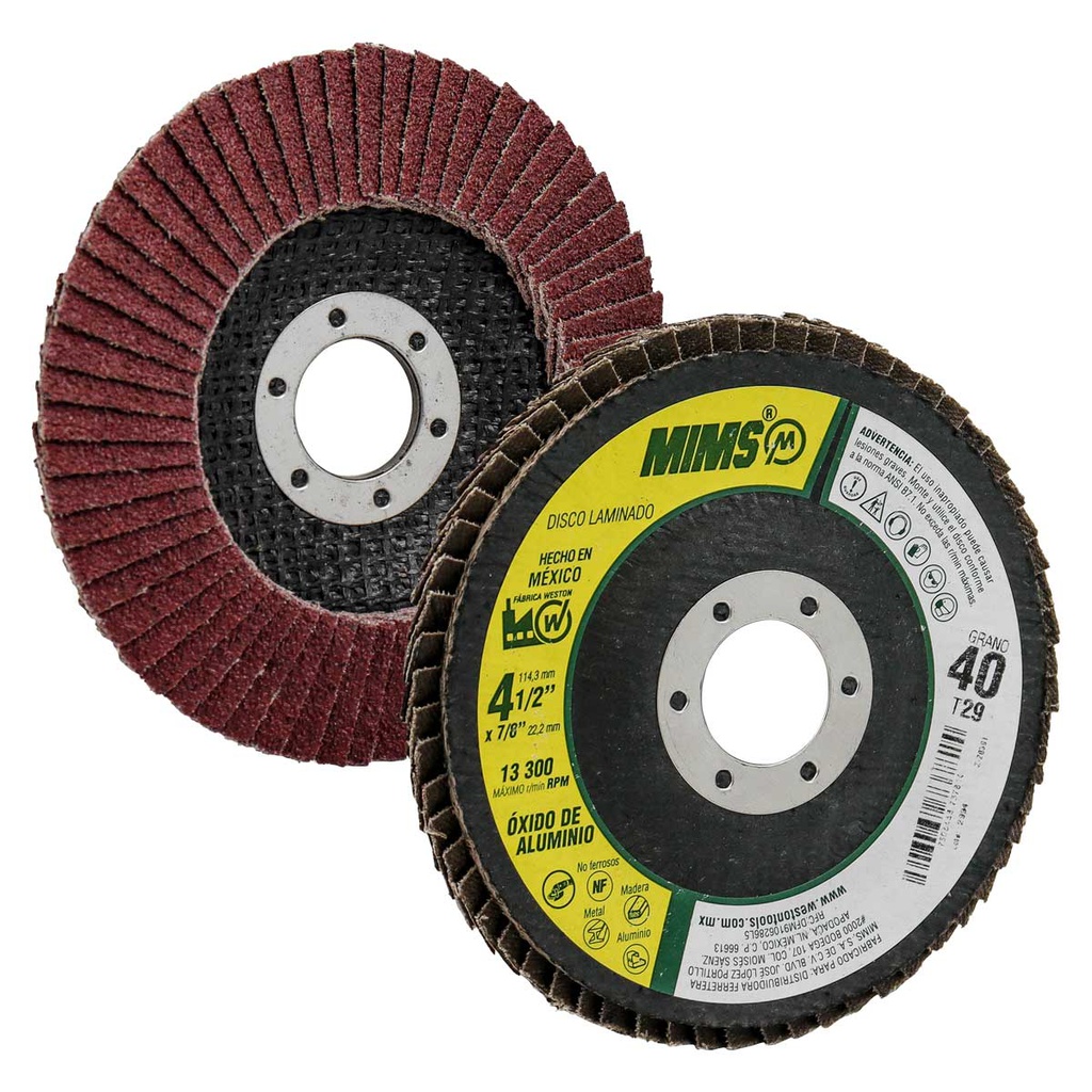 DISCO LAMINADO MIMS OXIDO DE ALUMINIO 4-1/2&quot; X 7/8&quot; G40 T29 (Precio x pieza - Empaque c/10 pzas)