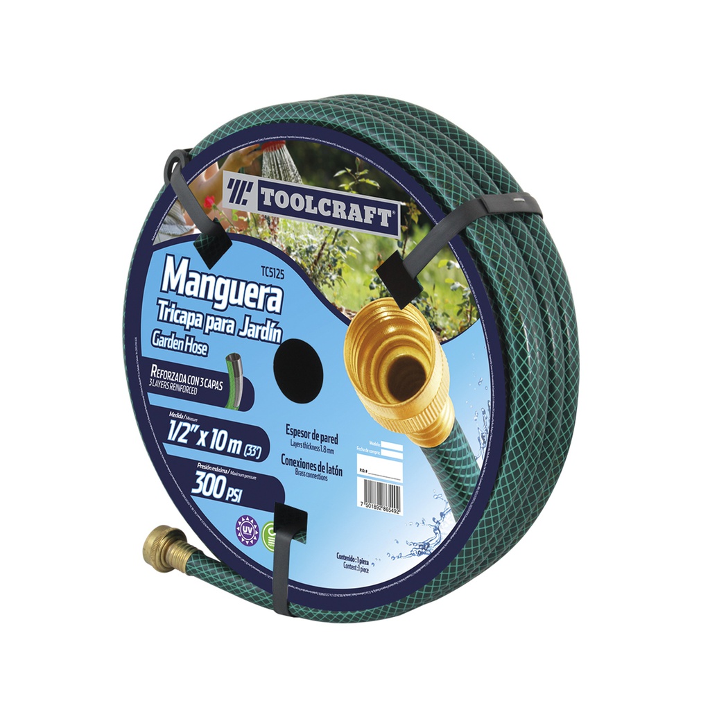 MANGUERA TRICAPA REFORZADA JARDIN 1/2" X 10M CONEXION LATON