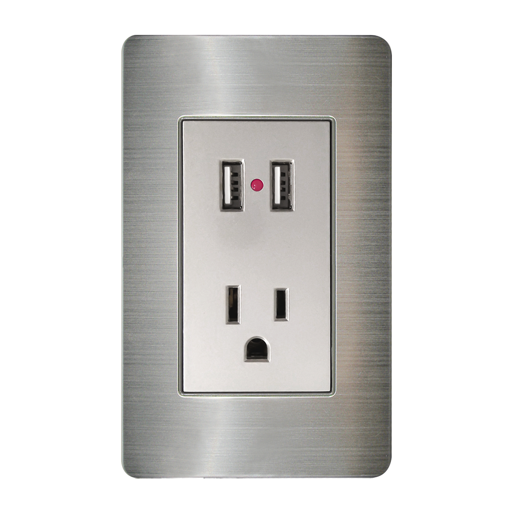 CONTACTO ATERRIZADO Y DOS ENTRADAS USB CON PLACA DE ACERO INOXIDABLE 72  MM