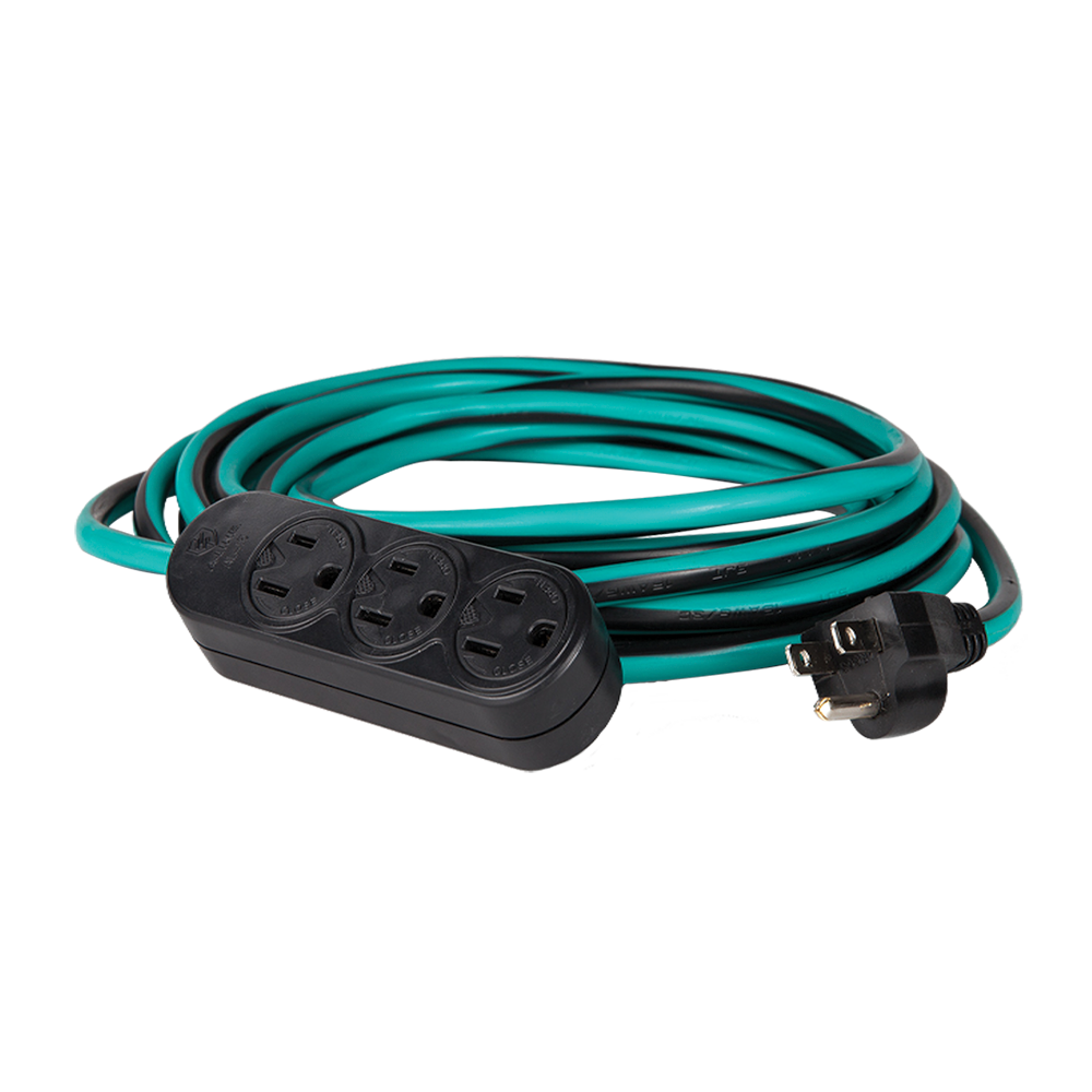 EXTENSION USO RUDO SJT 3X16 AWG 3 TOMAS ATERRIZADAS VERDE CON NEGRO 10 METROS