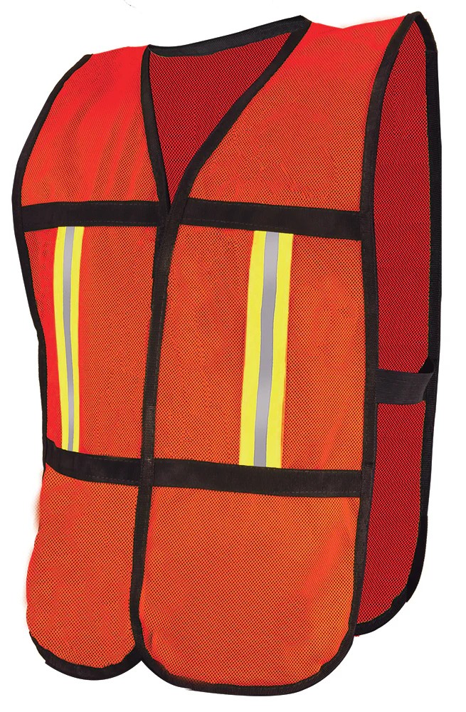 CHALECO ECOFRIENDLY DE MALLA ANARANJADO C/REF TEXTIL BICOLOR 2&quot;.