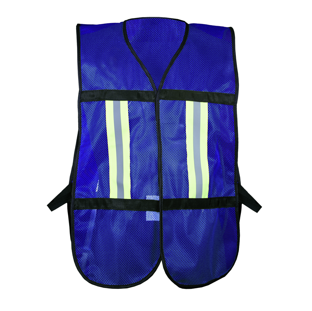 CHALECO ECOFRIENDLY DE MALLA AZUL C/REF TEXTIL BICOLOR 2&quot;.