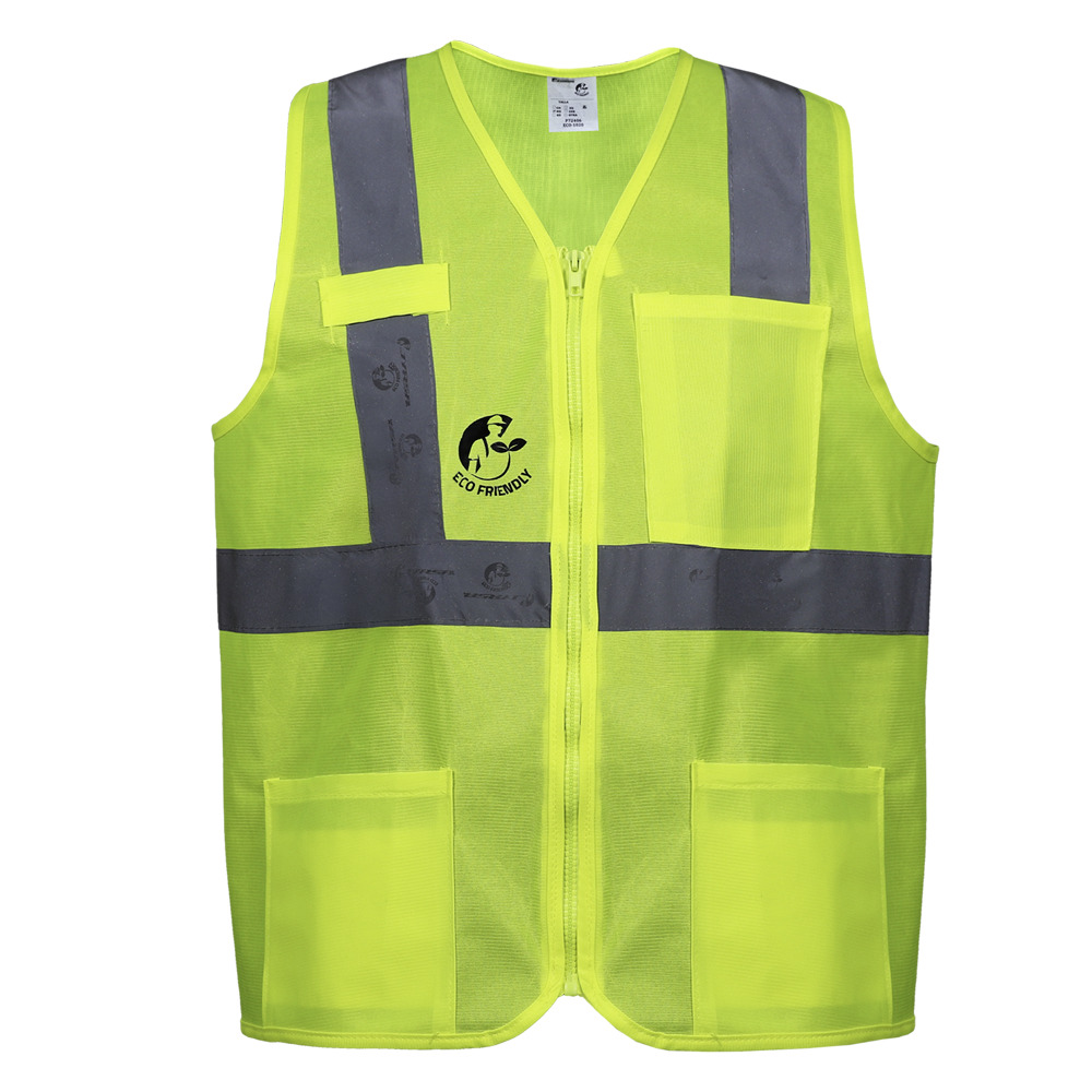 CHALECO ANSI TIPO R CLASE 2, ECOFRIENDLY AMARILLO HI-VIS, C/REF GRIS DE 2" Y ZIPPER FRONTAL. T-CH.