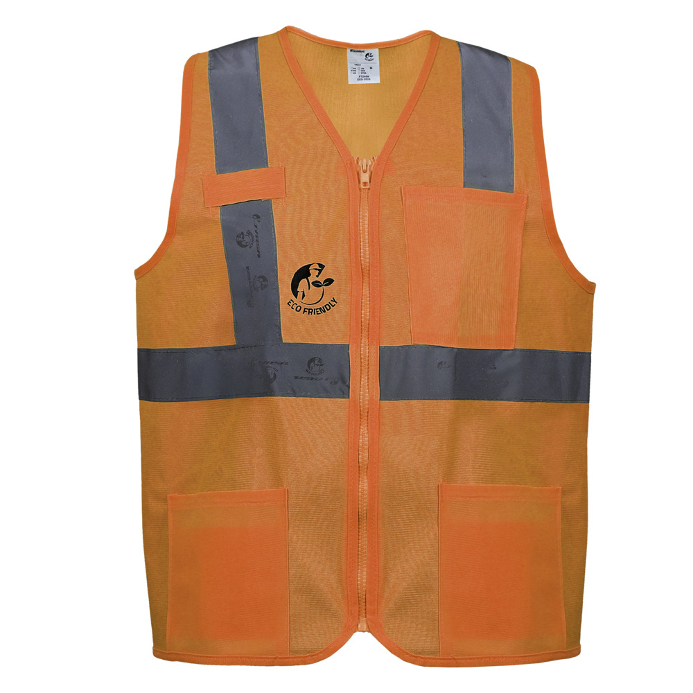 CHALECO ANSI TIPO R CLASE 2, ECOFRIENDLY ANARANJADO HI-VIS, C/REF GRIS DE 2" Y ZIPPER FRONTAL. T-MD.
