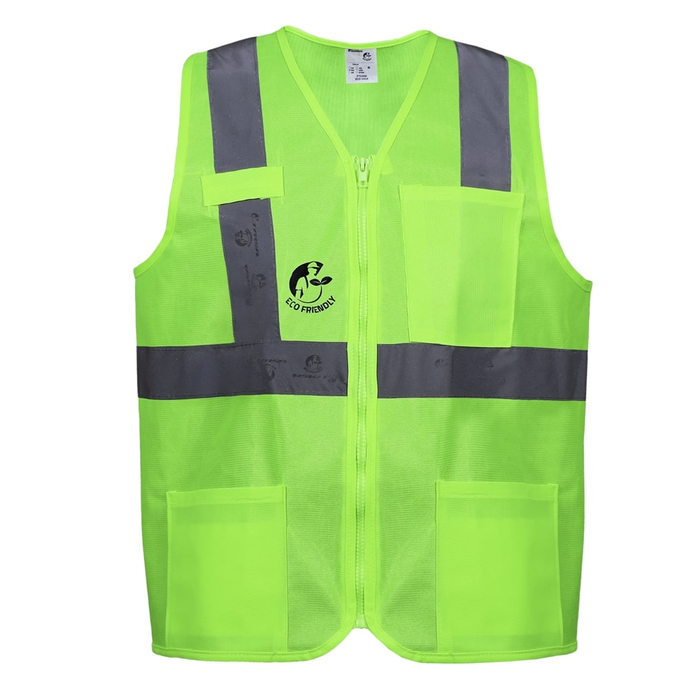 CHALECO ANSI TIPO R CLASE 2, ECOFRIENDLY VERDE HI-VIS, C/REF GRIS DE 2" Y ZIPPER FRONTAL. T-XG.