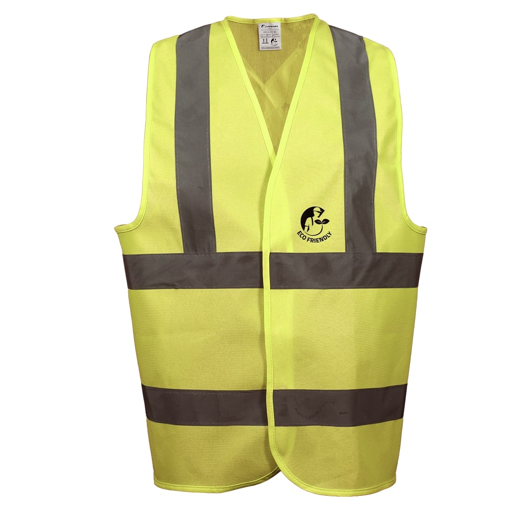 CHALECO ANSI TIPO R CLASE 2, ECOFRIENDLY AMARILLO HI-VIS, C/REF GRIS DE 2&quot; Y CIERRE DE GANCHO Y FELPA. T-CH.
