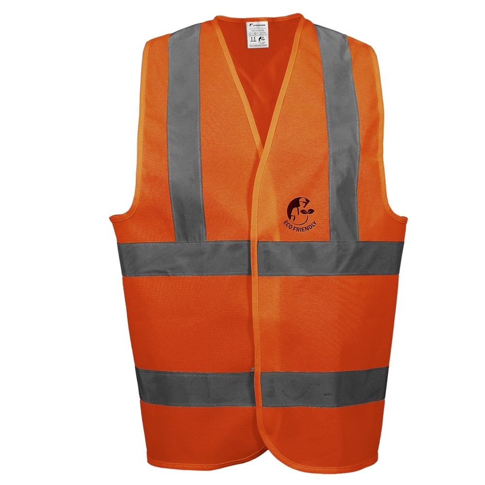 CHALECO ANSI TIPO R CLASE 2, ECOFRIENDLY ANARANJADO HI-VIS, C/REF GRIS DE 2" Y CIERRE DE GANCHO Y FELPA. T-2XG.