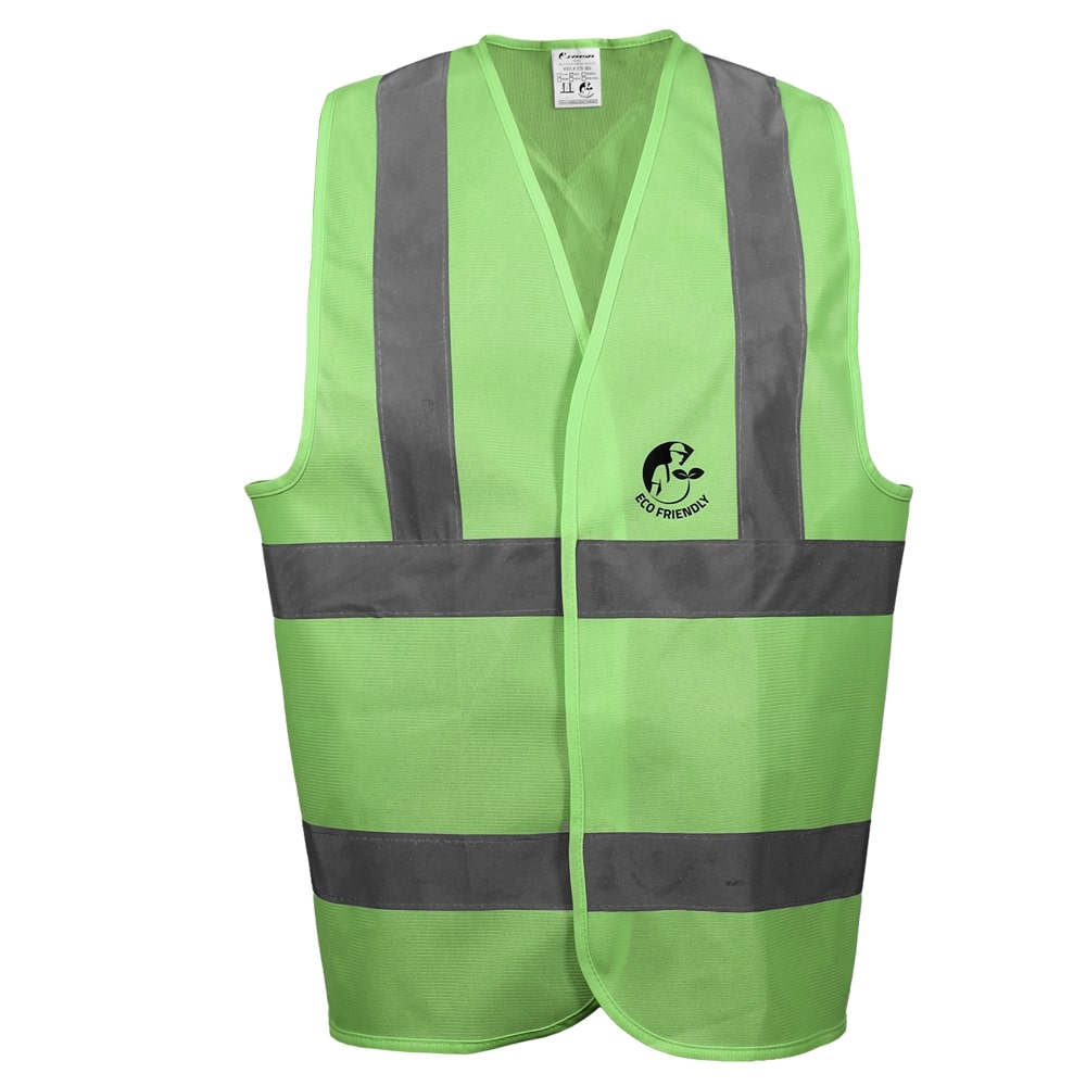 CHALECO ANSI TIPO R CLASE 2, ECOFRIENDLY VERDE HI-VIS, C/REF GRIS DE 2" Y CIERRE DE GANCHO Y FELPA. T-GD.