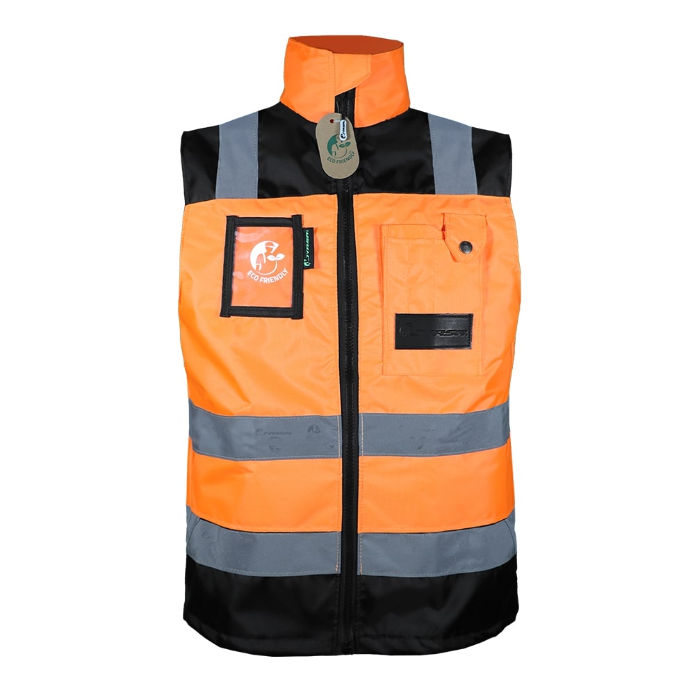 CHALECO ECOFRIENDLY EJECUTIVO DE TRABAJO, ANSI TIPO O CLASE 1, HIGH VISIBILIY ANARANJADO/NEGRO T-XG.