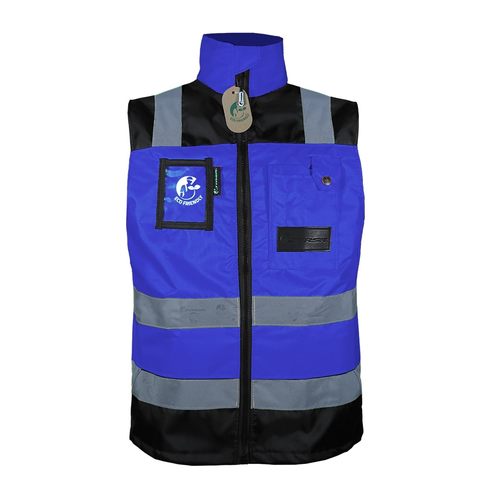 CHALECO ECOFRIENDLY EJECUTIVO DE TRABAJO, ANSI TIPO O CLASE 1, HIGH VISIBILIY AZUL REY/NEGRO T-2XG.