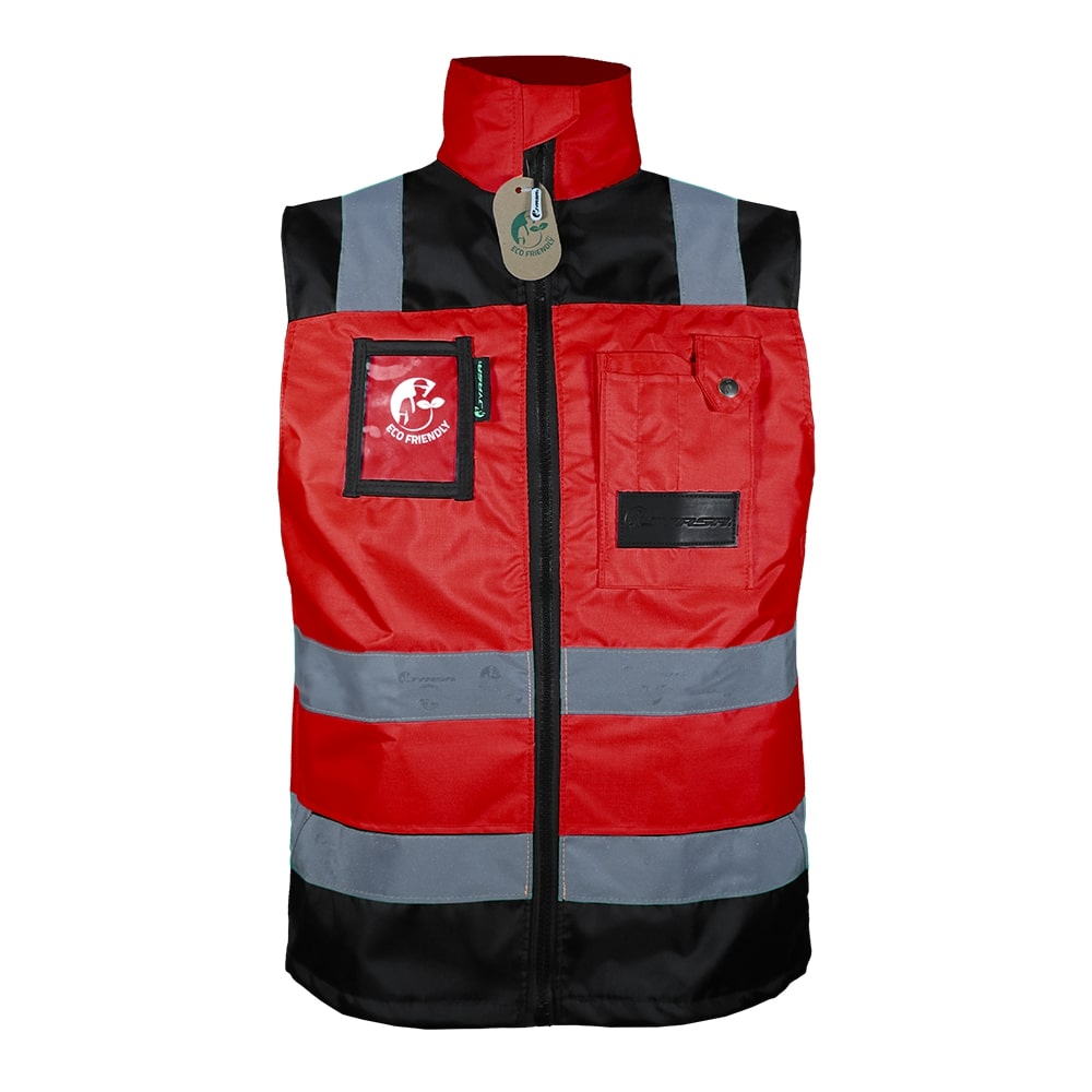 CHALECO ECOFRIENDLY EJECUTIVO DE TRABAJO, ANSI TIPO O CLASE 1, HIGH VISIBILIY ROJO/NEGRO T-GD.