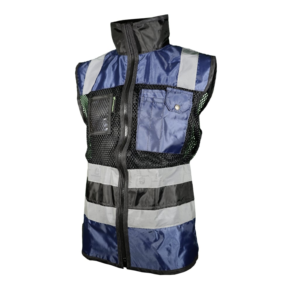 CHALECO DE MALLA ECOFRIENDLY EJECUTIVO DE TRABAJO, ANSI TIPO O CLASE 1, HIGH VISIBILIY AZUL/NEGRO T-XG.