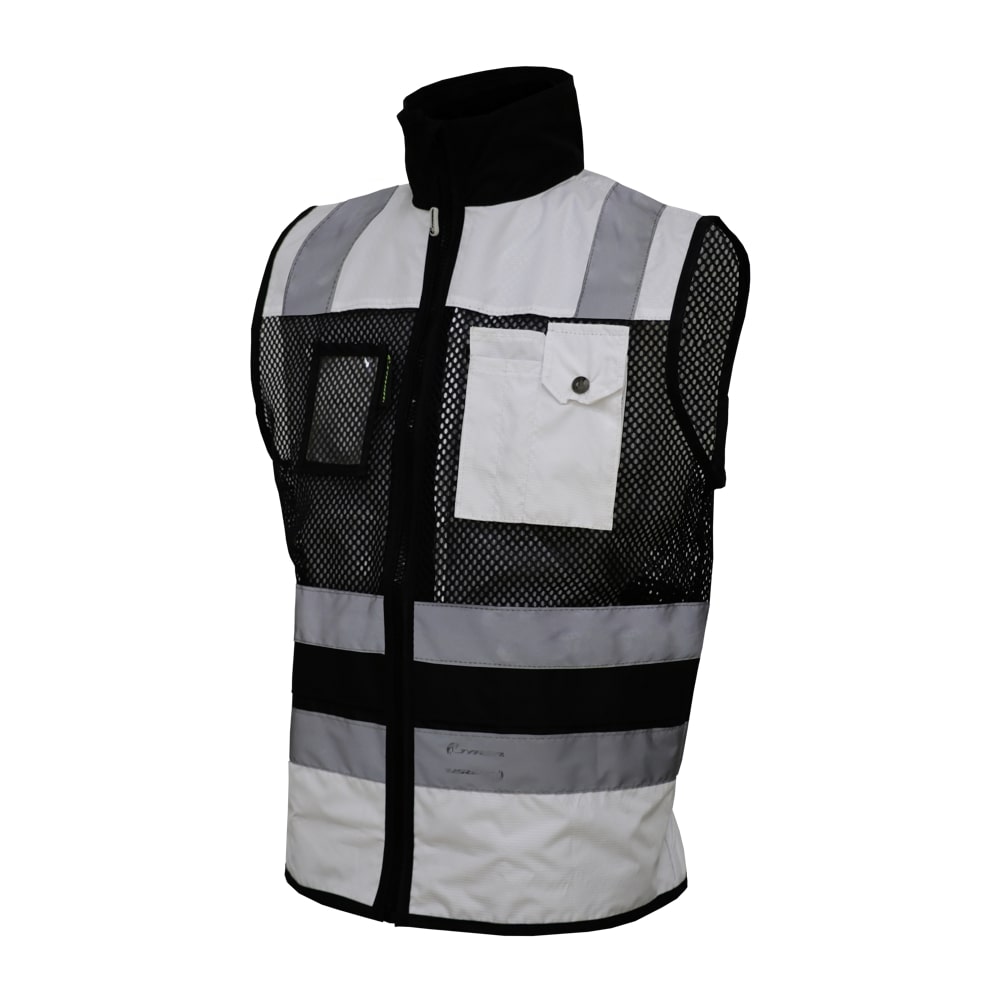 CHALECO DE MALLA ECOFRIENDLY EJECUTIVO DE TRABAJO, ANSI TIPO O CLASE 1, HIGH VISIBILIY BLANCO/NEGRO T-GD.