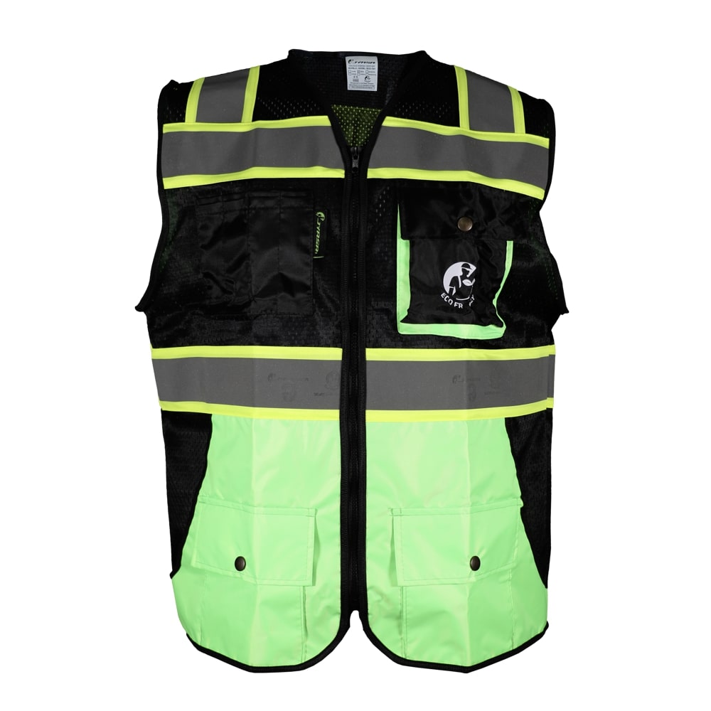 CHALECO DE MALLA NEGRO/VERDE ECOFRIENDLY C/REF BICOLOR AMARILLO 3 T-2XG