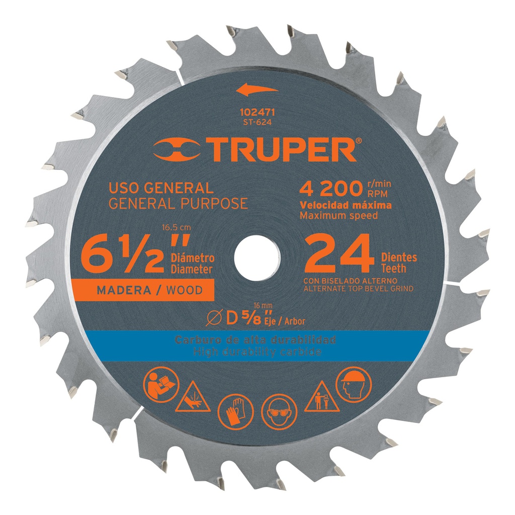 Disco sierra 6-1/2' p/madera, 24 dientes con centro 5/8'